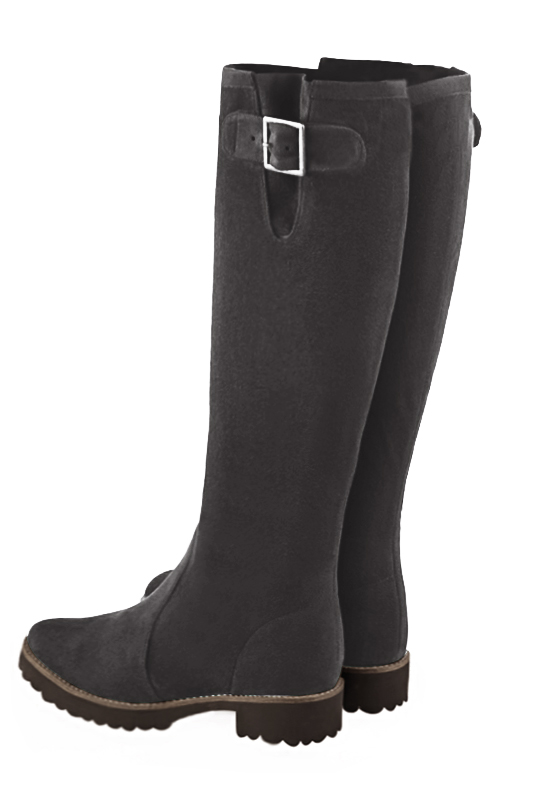 Dark grey women's knee-high boots with buckles. Round toe. Flat rubber soles. Made to measure. Rear view - Florence KOOIJMAN